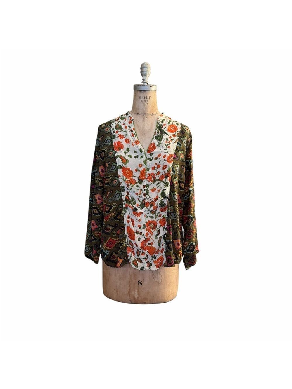 Benares Floral Patterned Mix Print Floral/Ikat Blouse Size M Lightweight Boho